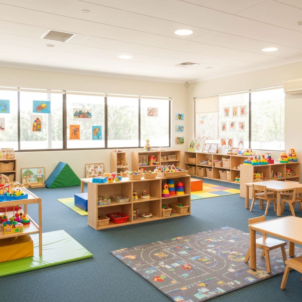 Inside Playtime Child Care Centre — colourful, welcoming classroom with educational toys and bright natural light