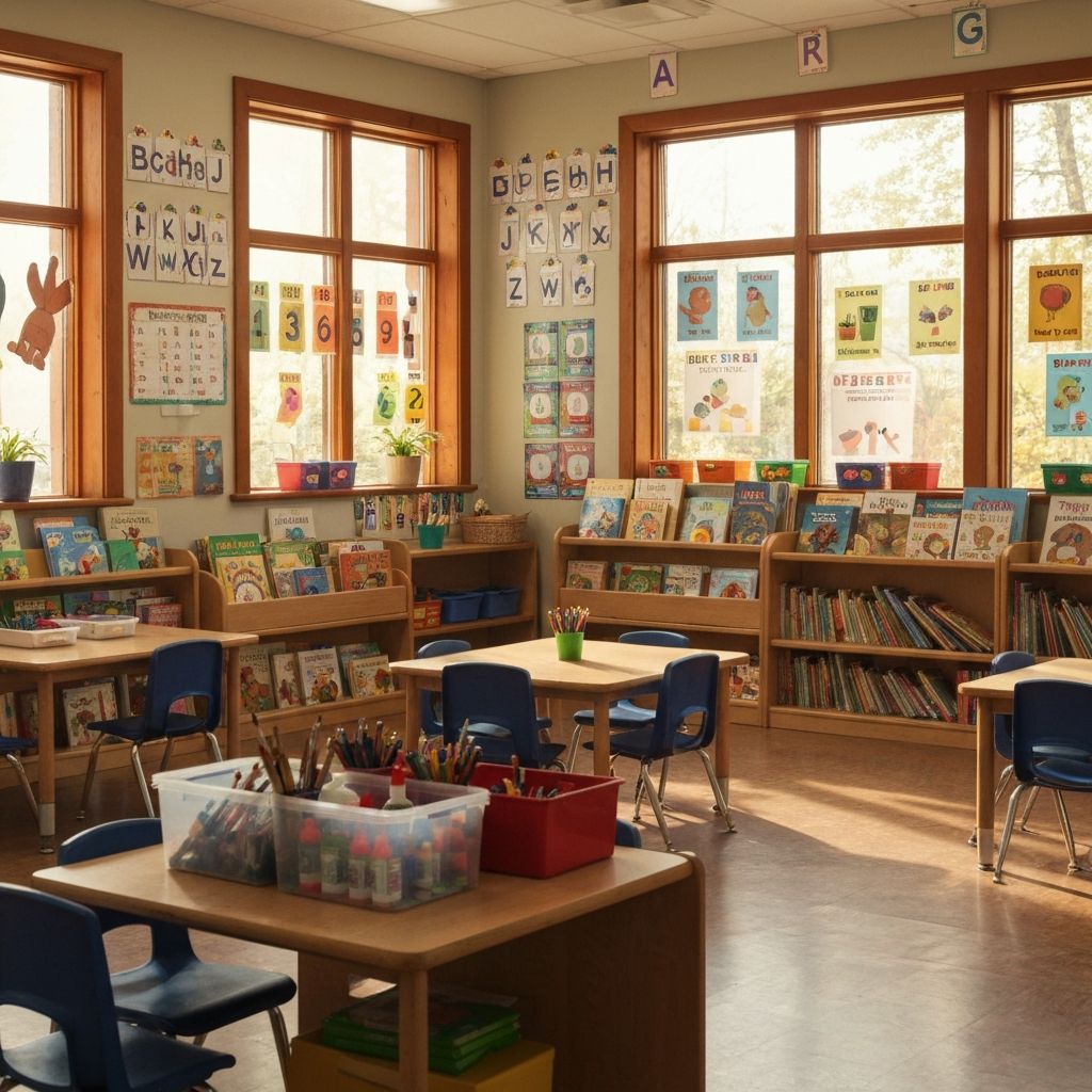 Bright kindergarten classroom with educational displays, books and art supplies at Playtime Child Care Centre
