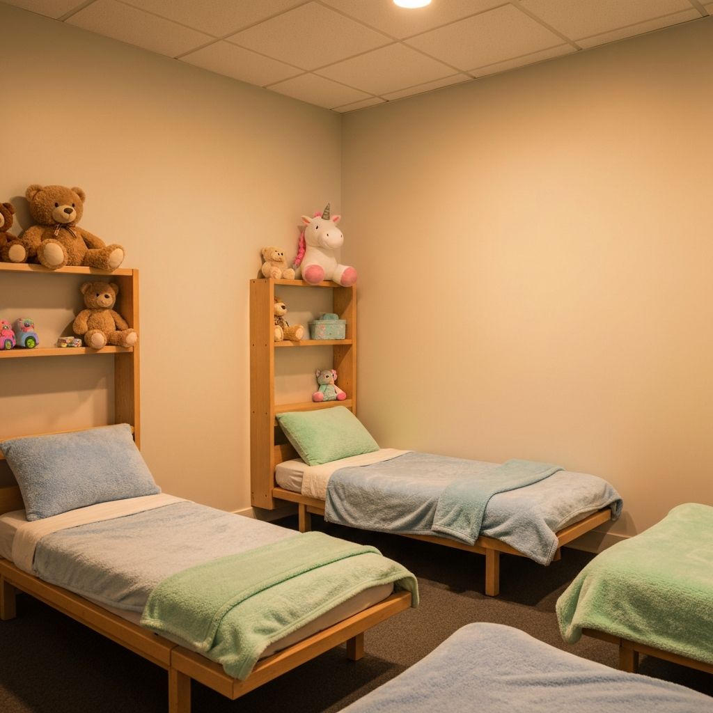 Calm and cosy childcare rest room with small cots and soft lighting at Playtime Child Care Centre