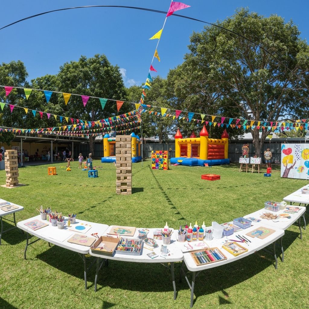 Fun outdoor activity area set up for vacation care at Playtime Child Care Centre, with craft tables and sunny Queensland weather